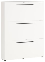 Weißer Schuhschrank mit drei Klappen und schwarzen Griffen, seitliche Perspektive