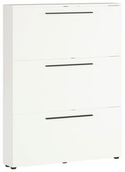 Weißer Schuhschrank mit drei Klappen und schwarzen Griffen, seitliche Perspektive