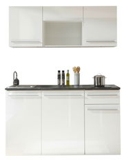 Moderne Single-Küche in Weiß mit Oberschränken, Spüle und Kochfeld, frontale Ansicht