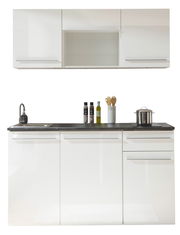 Moderne Single-Küche in Weiß mit Oberschränken, Spüle und Kochfeld, frontale Ansicht