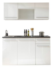 Moderne Single-Küche in Weiß mit Oberschränken, Spüle und Kochfeld, frontale Ansicht