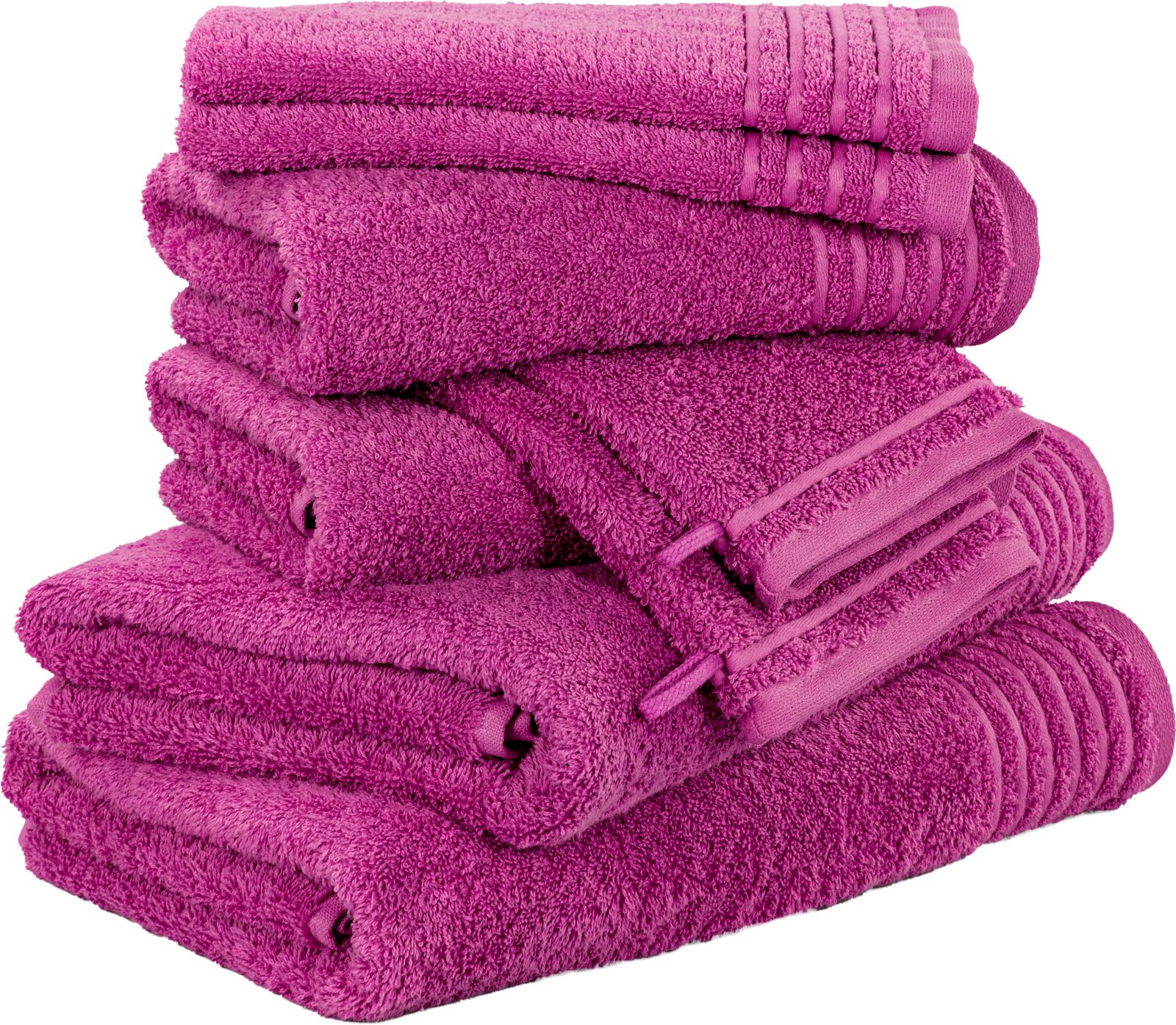 Stapel gefalteter, flauschiger Frottee-Handtücher in kräftigem Pink/Magenta mit Bordürenstreifen, freigestellt vor weißem Hintergrund, frontale leicht schräge Produktansicht