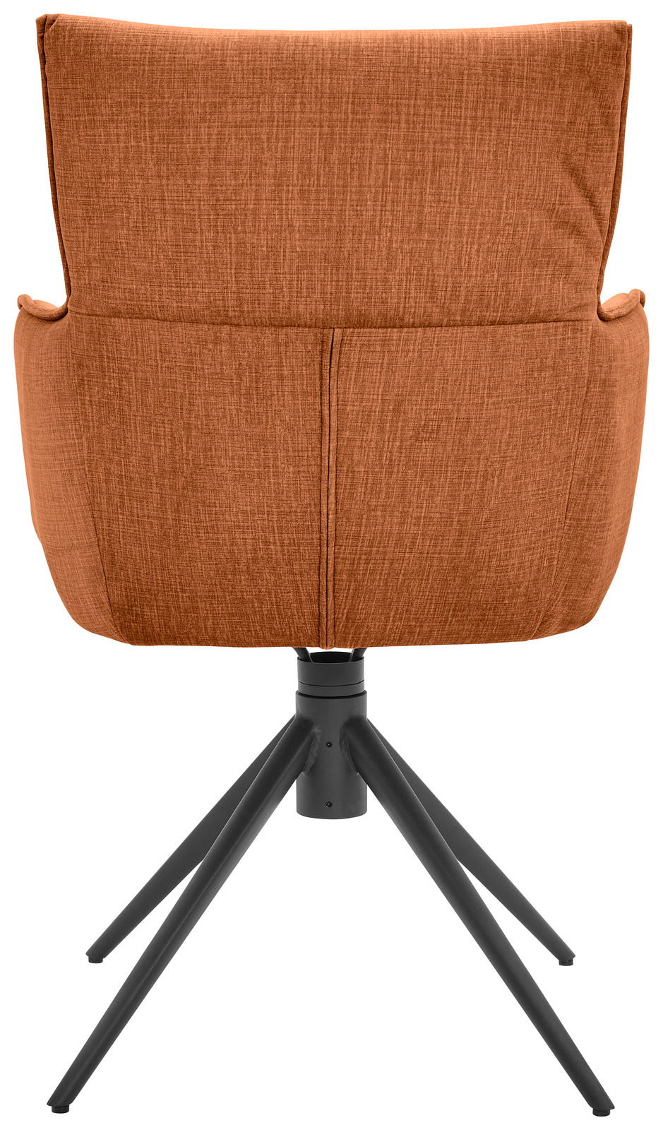 Dieter Knoll Armlehnstuhl AVELINO Rückansicht eines Armlehnstuhls mit orangefarbenem Stoffbezug und schwarzem Metallgestell.