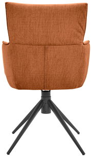 Rückansicht eines Armlehnstuhls mit orangefarbenem Stoffbezug und schwarzem Metallgestell.