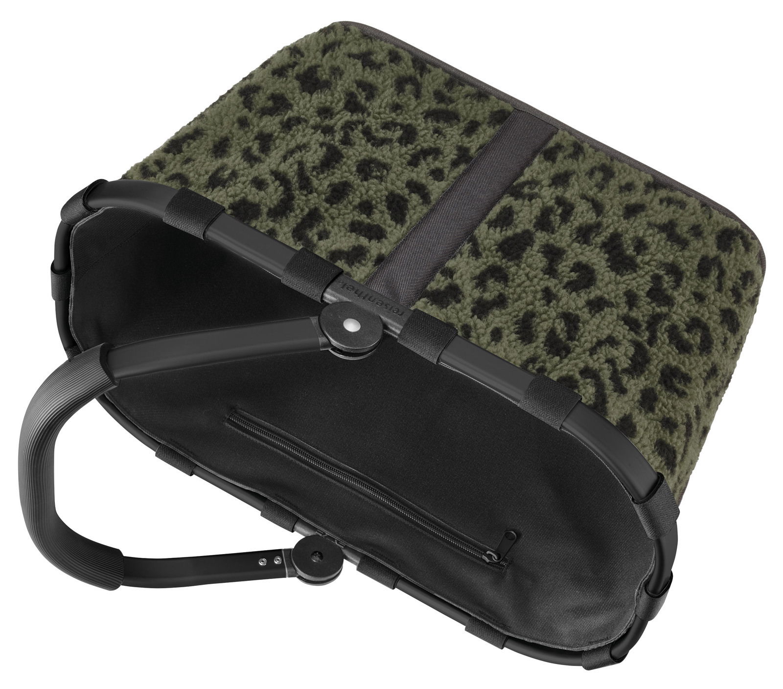 Carrybag mit schwarzem Rahmen und grün-schwarzem Leopardenmuster, von oben betrachtet.