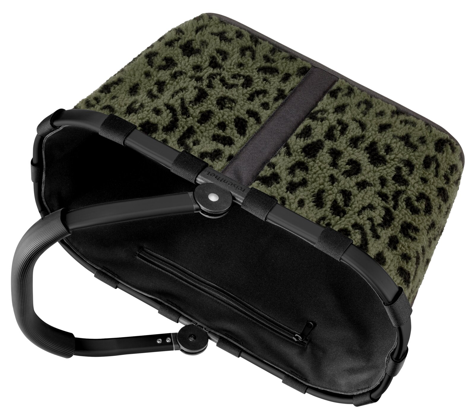 Carrybag mit schwarzem Rahmen und grün-schwarzem Leopardenmuster, von oben betrachtet.