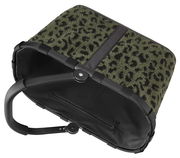 Carrybag mit schwarzem Rahmen und grün-schwarzem Leopardenmuster, von oben betrachtet.