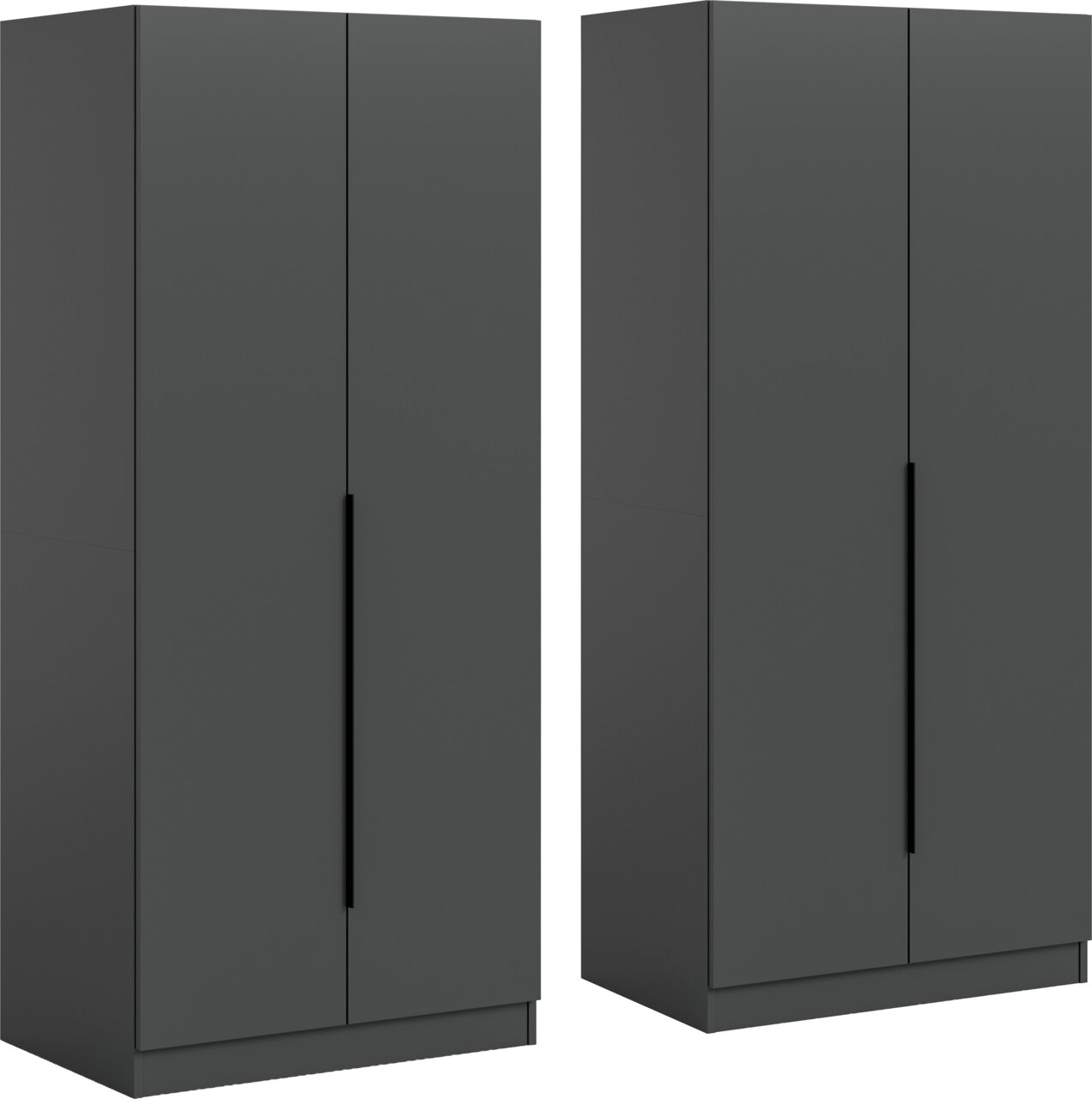 Dunkelgrauer, minimalistischer zweitüriger Kleiderschrank mit langen schwarzen Griffleisten, in schräger Frontansicht (3/4-Perspektive) auf weißem Hintergrund
