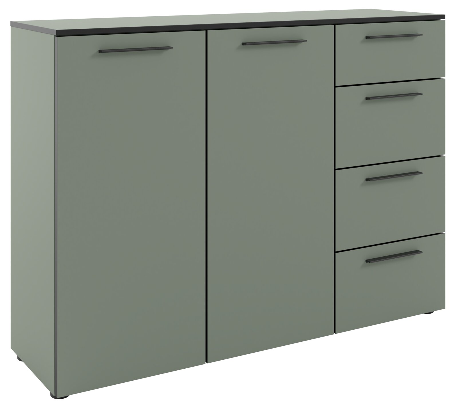 Modernes Sideboard in grauer Farbe mit zwei Türen und vier Schubladen, Frontansicht