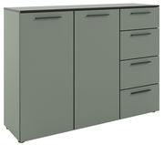 Modernes Sideboard in grauer Farbe mit zwei Türen und vier Schubladen, Frontansicht