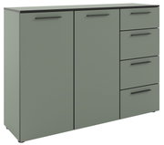 Modernes Sideboard in grauer Farbe mit zwei Türen und vier Schubladen, Frontansicht
