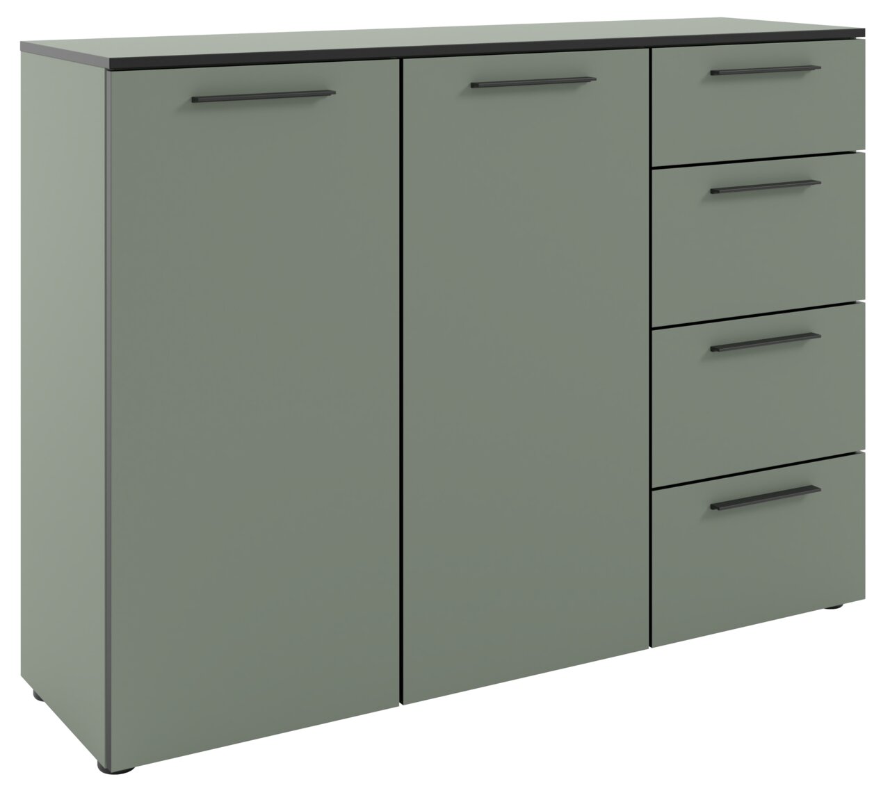 Modernes Sideboard in grauer Farbe mit zwei Türen und vier Schubladen, Frontansicht