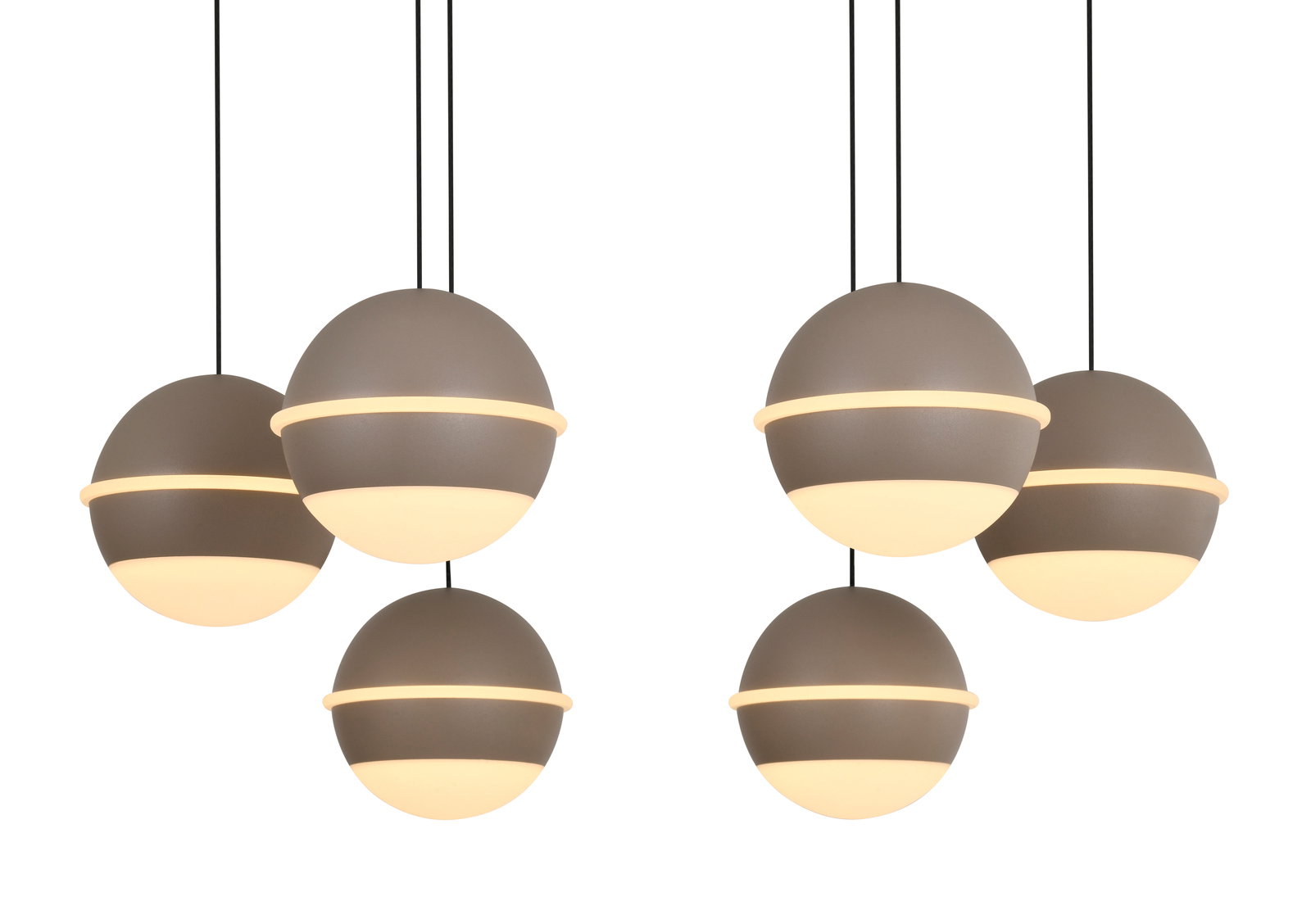 Moderne LED-Pendelleuchte mit sechs kugelförmigen Lampenschirmen, von unten betrachtet.