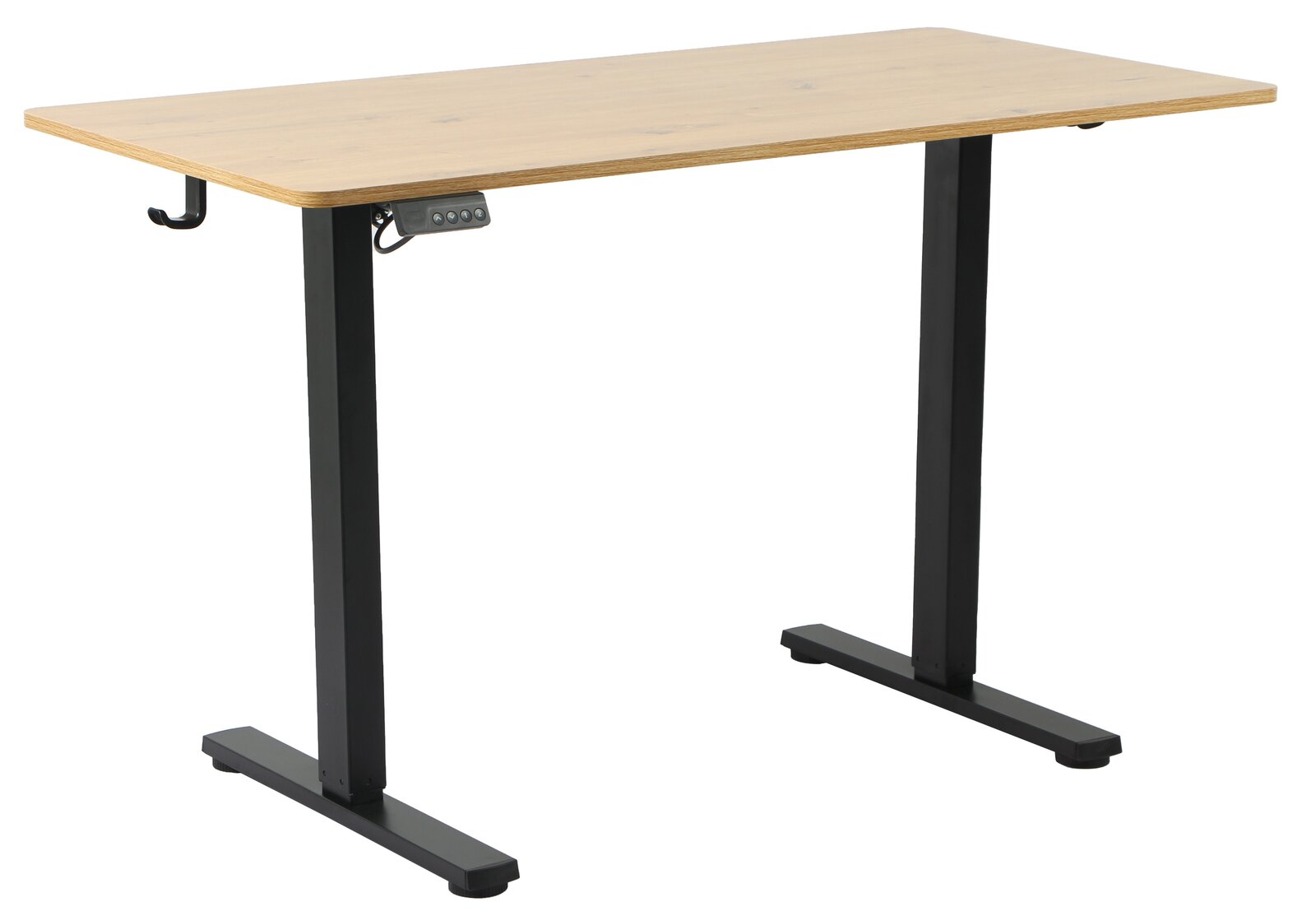 Elektrisch höhenverstellbarer Schreibtisch mit Holzplatte und schwarzen Metallbeinen, seitliche Perspektive
