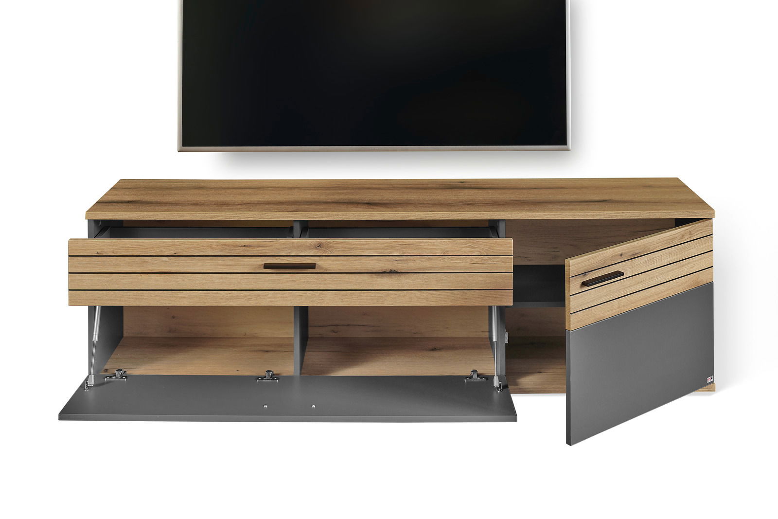 TV-Lowboard aus Holz mit offenen Schubladen und Türen, Frontansicht