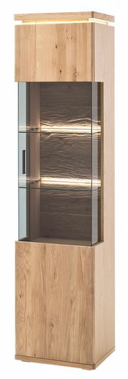 Vitrine aus Holz mit Glastür und integrierter Beleuchtung, frontal betrachtet.