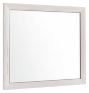 Rechteckiger Spiegel mit hellem Holzrahmen, seitliche Perspektive