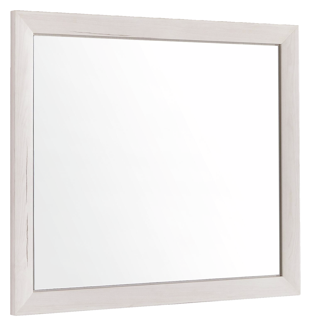 Rechteckiger Spiegel mit hellem Holzrahmen, seitliche Perspektive