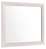 Rechteckiger Spiegel mit hellem Holzrahmen, seitliche Perspektive