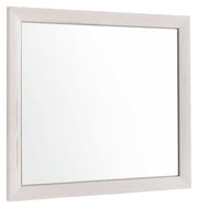 Rechteckiger Spiegel mit hellem Holzrahmen, seitliche Perspektive