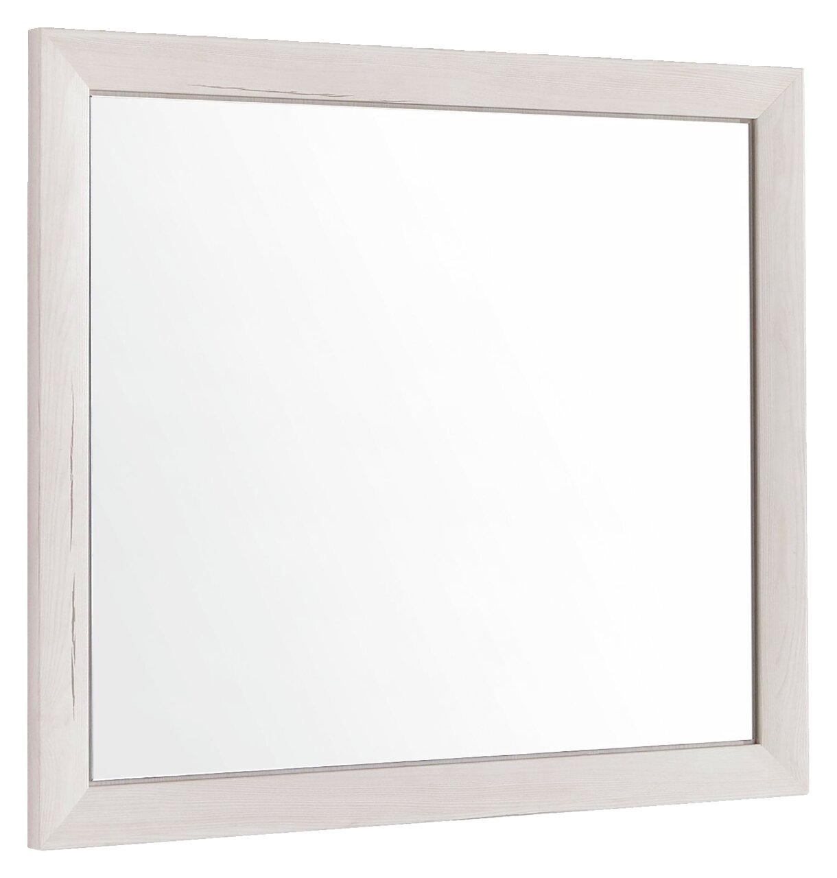 Rechteckiger Spiegel mit hellem Holzrahmen, seitliche Perspektive