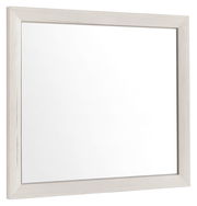 Rechteckiger Spiegel mit hellem Holzrahmen, seitliche Perspektive