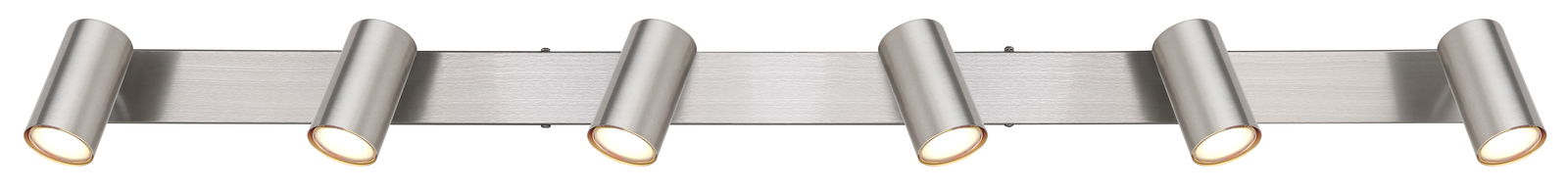 Moderne Deckenleuchte mit fünf verstellbaren Strahlern in silberner Metalloptik, seitliche Perspektive