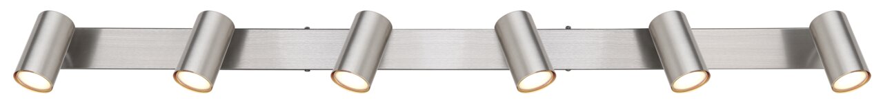 Moderne Deckenleuchte mit fünf verstellbaren Strahlern in silberner Metalloptik, seitliche Perspektive