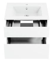 Weiße Badkombination mit zwei offenen Schubladen und Waschbecken, Ansicht von oben