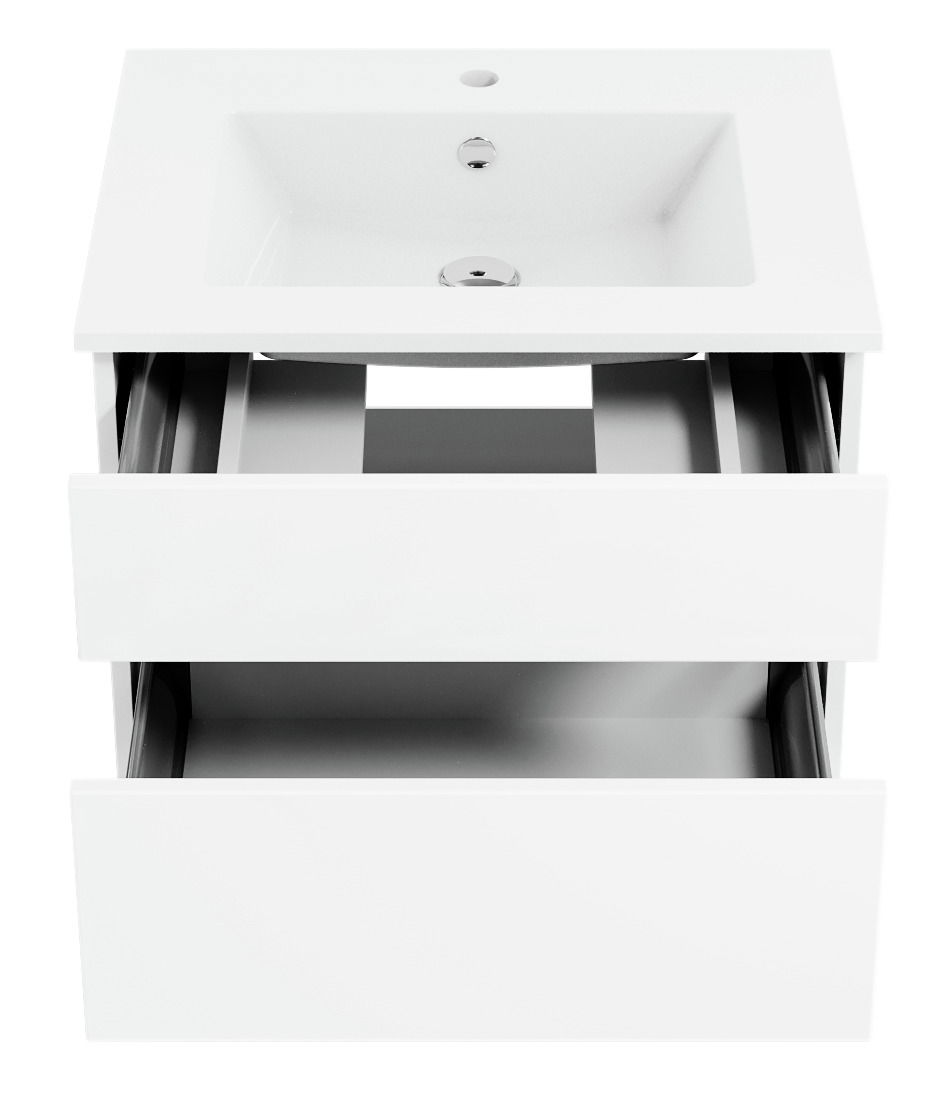 Weiße Badkombination mit zwei offenen Schubladen und Waschbecken, Ansicht von oben