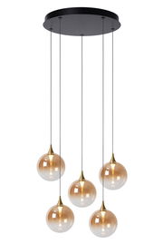 Moderne Hängeleuchte mit fünf kugelförmigen, bernsteinfarbenen Glaskörpern, aufgehängt an einem schwarzen Deckenbaldachin. Perspektive von unten.