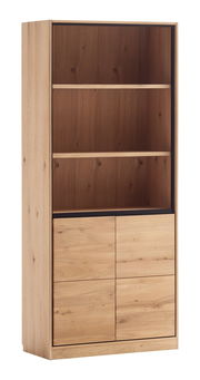 Hohes Regal aus Holz mit zwei unteren Türen, seitliche Perspektive