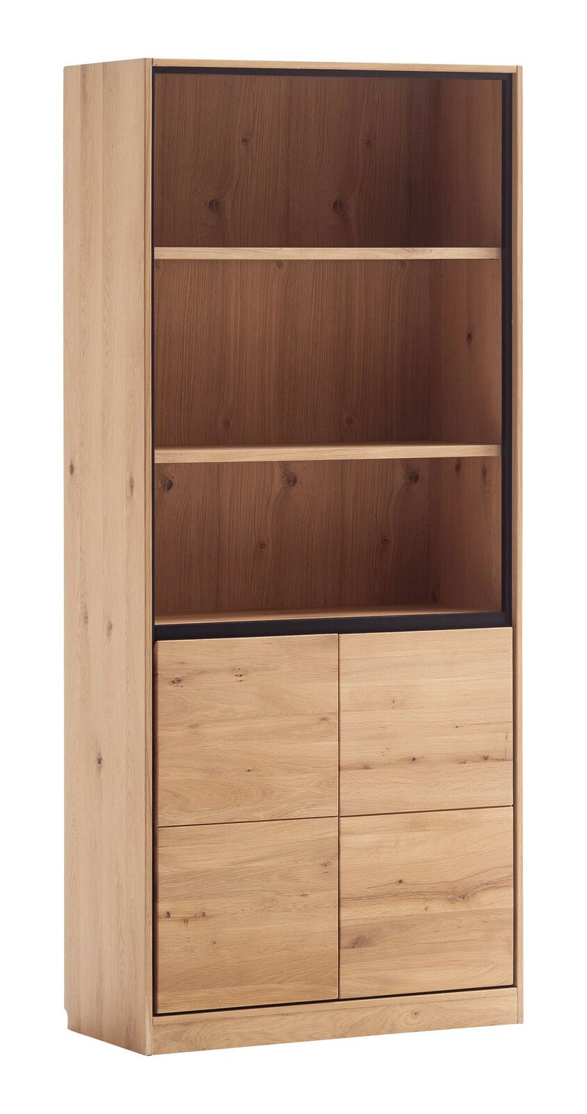Hohes Regal aus Holz mit zwei unteren Türen, seitliche Perspektive