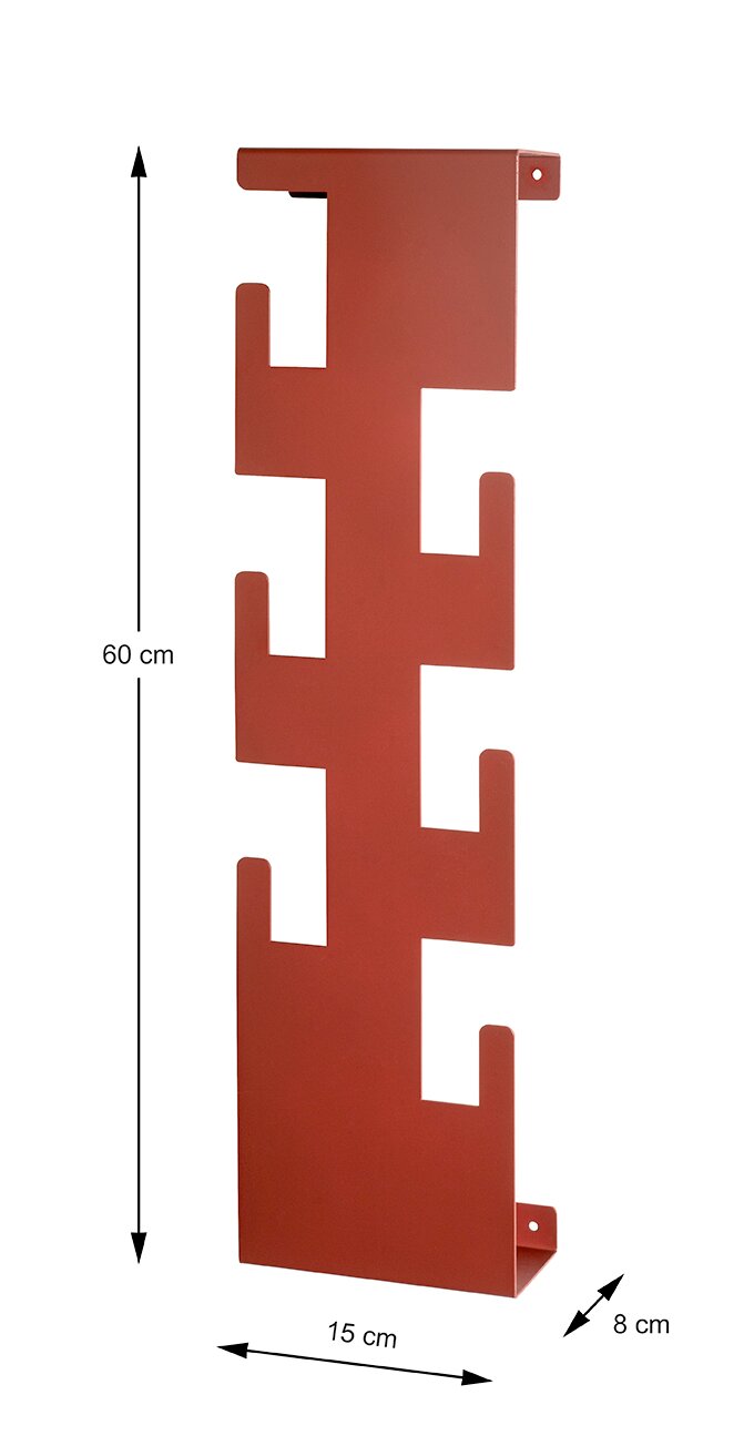 Roter Metall-Wandgarderobenhaken mit mehreren versetzten Haken, Frontansicht, Maße ca. 60 cm hoch, 15 cm breit und 8 cm tief