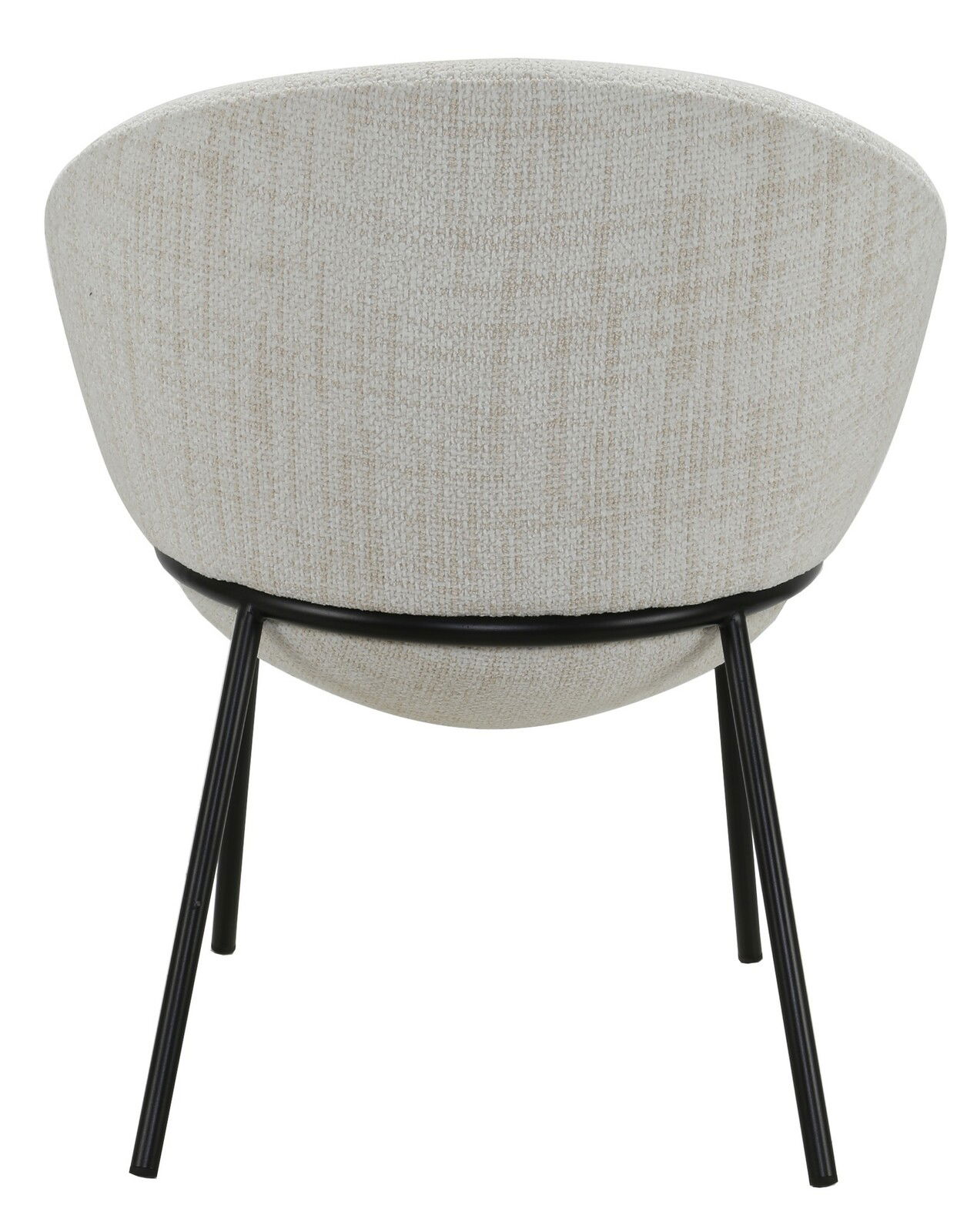 Rückansicht eines modernen Stuhls mit beigem Stoffbezug und schwarzen Metallbeinen.