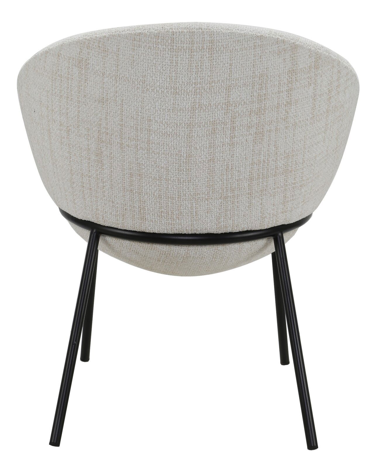 Rückansicht eines modernen Stuhls mit beigem Stoffbezug und schwarzen Metallbeinen.