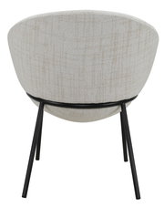 Rückansicht eines modernen Stuhls mit beigem Stoffbezug und schwarzen Metallbeinen.