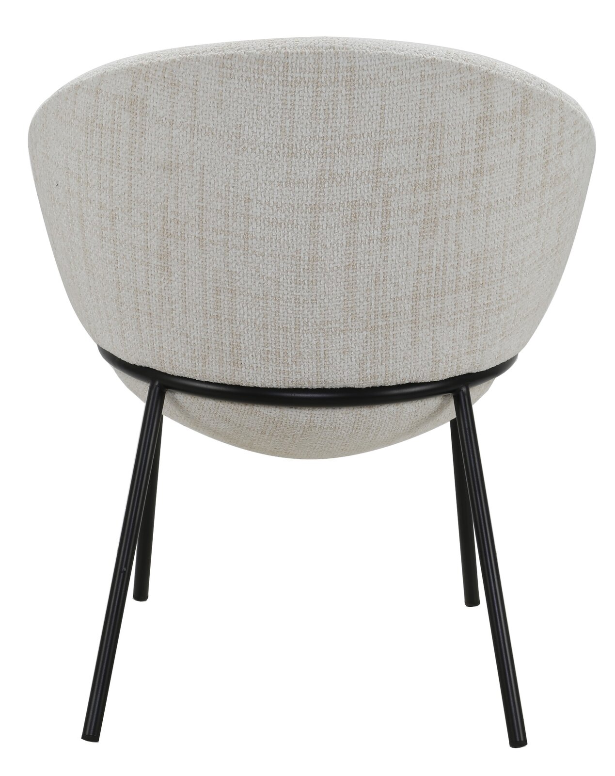 Rückansicht eines modernen Stuhls mit beigem Stoffbezug und schwarzen Metallbeinen.