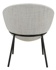 Rückansicht eines modernen Stuhls mit beigem Stoffbezug und schwarzen Metallbeinen.