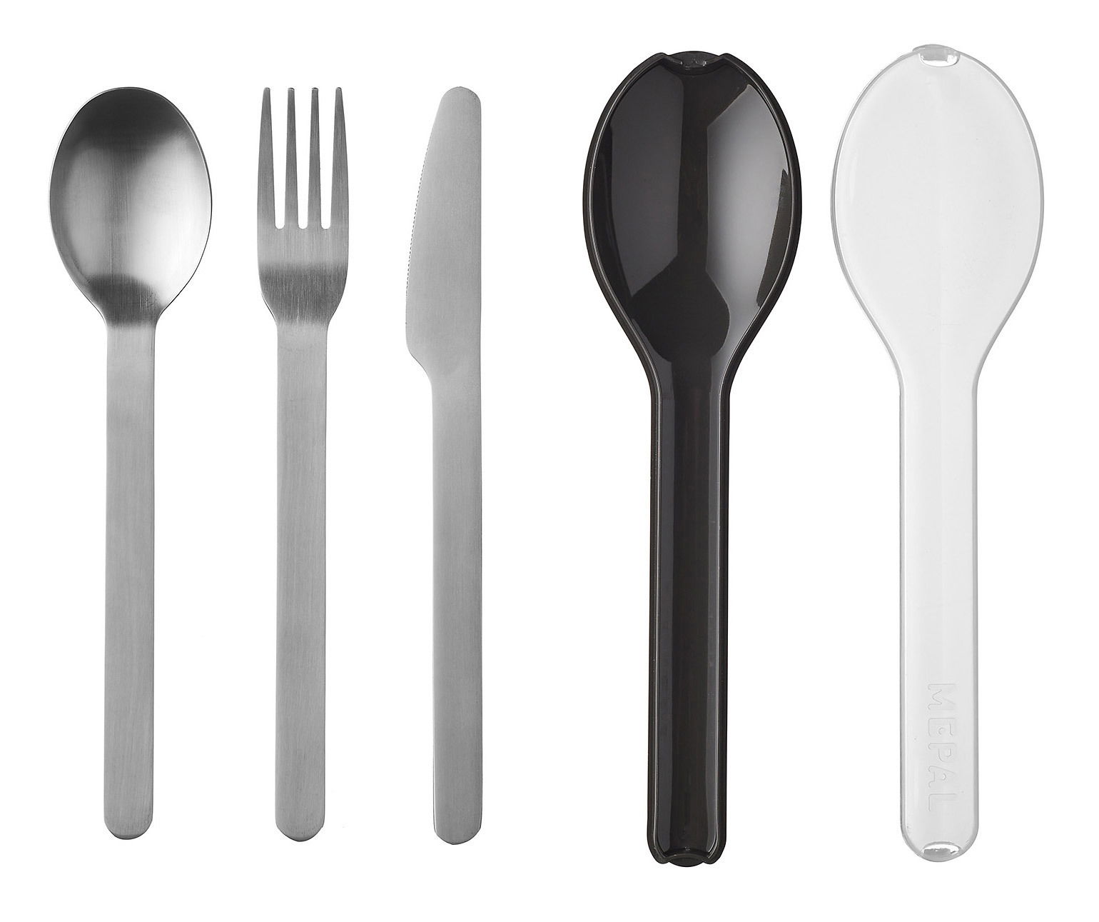 Besteckset Ellipse 3-teilig, bestehend aus Löffel, Gabel und Messer aus Edelstahl, sowie zwei Kunststofflöffeln in Schwarz und Transparent, frontal abgebildet.
