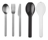 Besteckset Ellipse 3-teilig, bestehend aus Löffel, Gabel und Messer aus Edelstahl, sowie zwei Kunststofflöffeln in Schwarz und Transparent, frontal abgebildet.