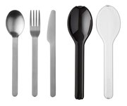 Besteckset Ellipse 3-teilig, bestehend aus Löffel, Gabel und Messer aus Edelstahl, sowie zwei Kunststofflöffeln in Schwarz und Transparent, frontal abgebildet.