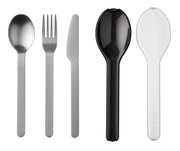Besteckset Ellipse 3-teilig, bestehend aus Löffel, Gabel und Messer aus Edelstahl, sowie zwei Kunststofflöffeln in Schwarz und Transparent, frontal abgebildet.