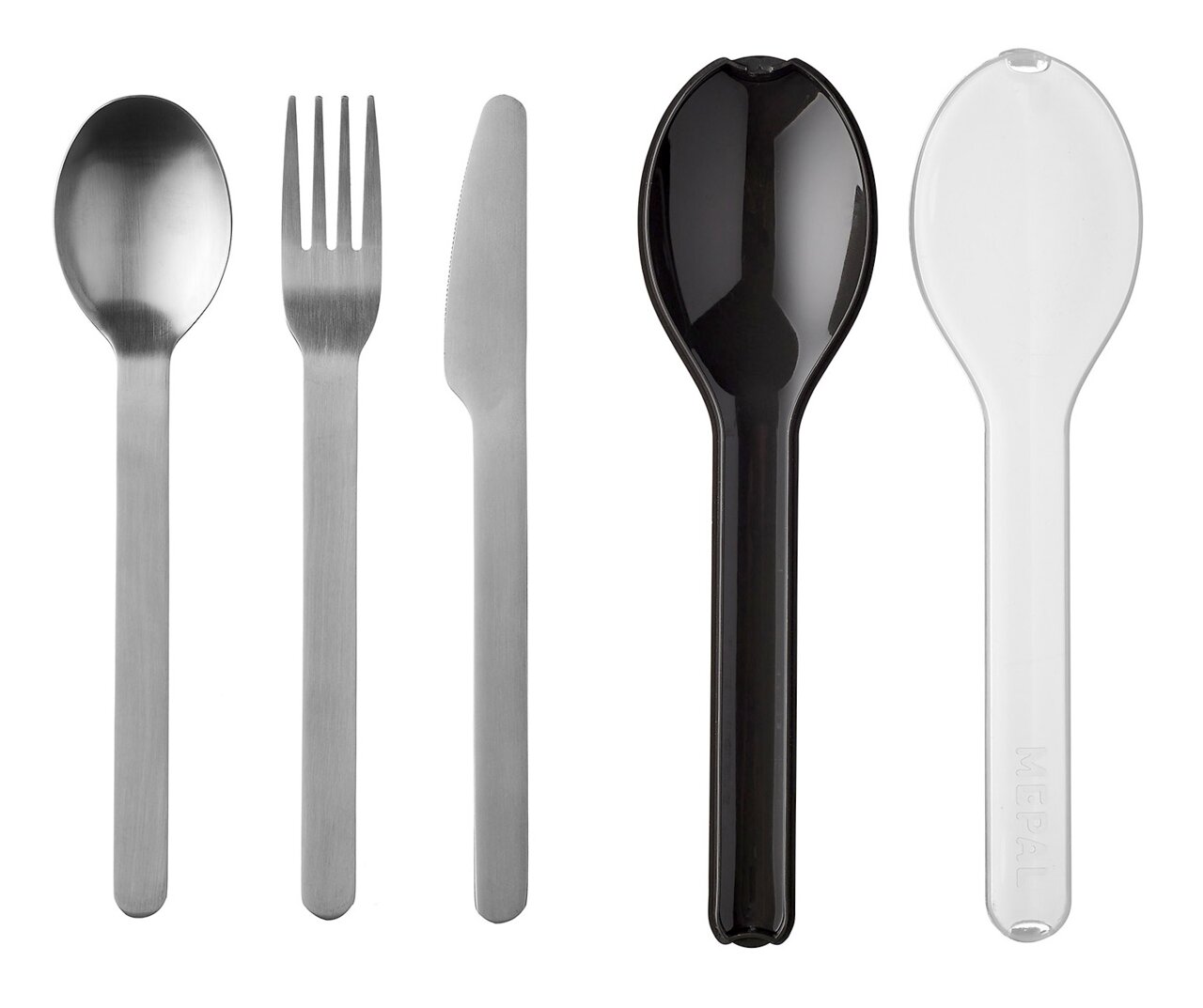 Besteckset Ellipse 3-teilig, bestehend aus Löffel, Gabel und Messer aus Edelstahl, sowie zwei Kunststofflöffeln in Schwarz und Transparent, frontal abgebildet.