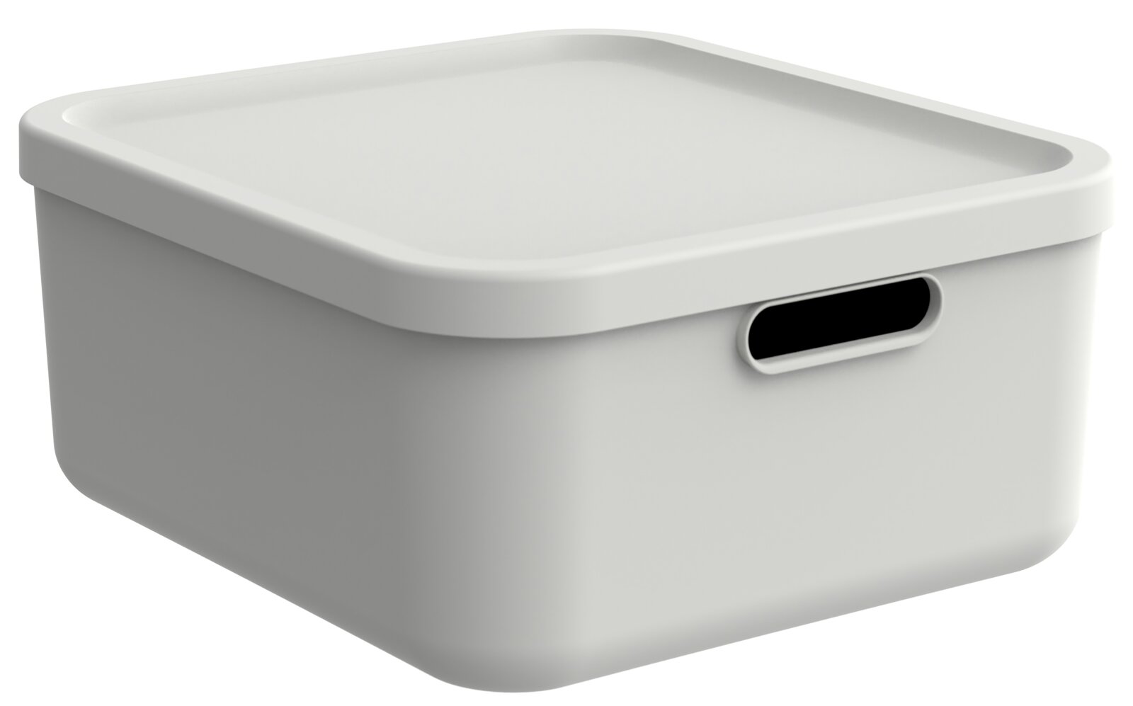 rotho Multibox 20L ALBULA Weiße, rechteckige Aufbewahrungsbox aus Kunststoff mit passendem Deckel und seitlichem Griffausschnitt, schräg von vorne oben (3/4-Ansicht) fotografiert.