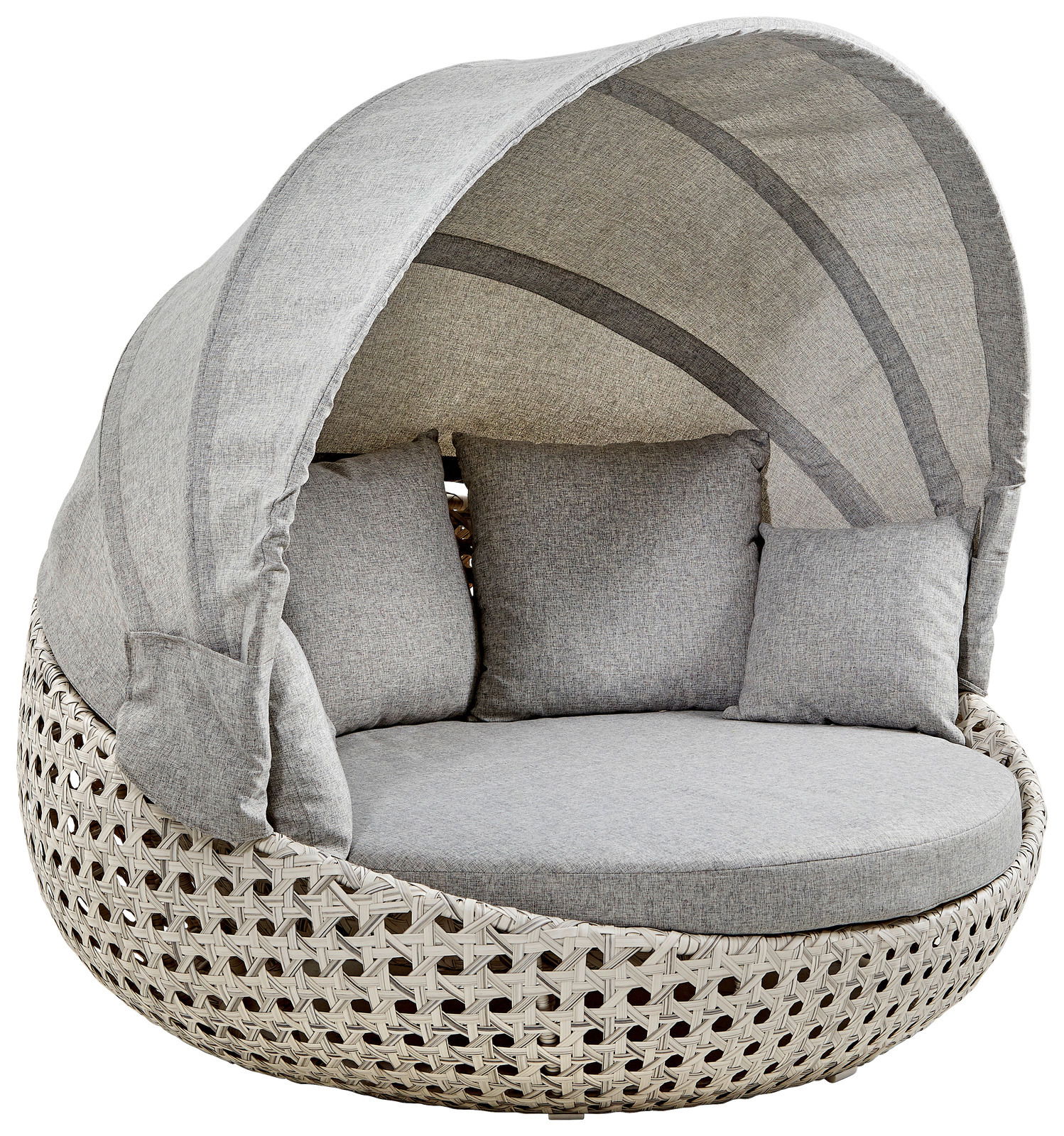 Gartenmuschel mit grauem Stoffbezug und geflochtenem Untergestell, seitliche Perspektive