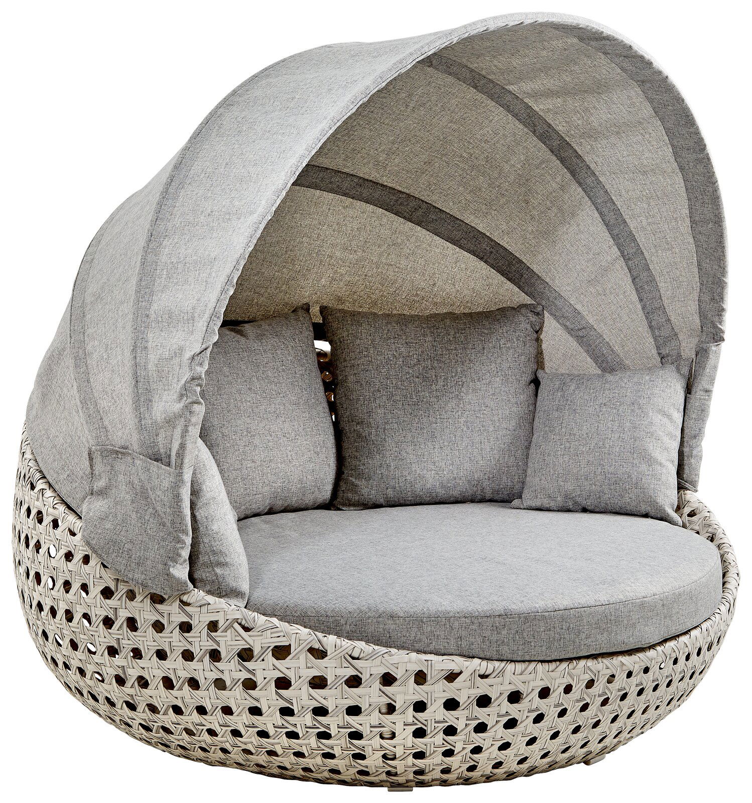 Gartenmuschel mit grauem Stoffbezug und geflochtenem Untergestell, seitliche Perspektive