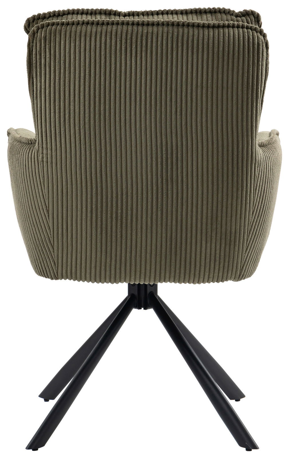 Rückansicht eines Sessels mit grünem, geripptem Stoffbezug und schwarzem Metallgestell.
