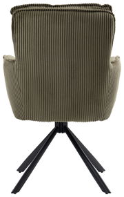 Rückansicht eines Sessels mit grünem, geripptem Stoffbezug und schwarzem Metallgestell.