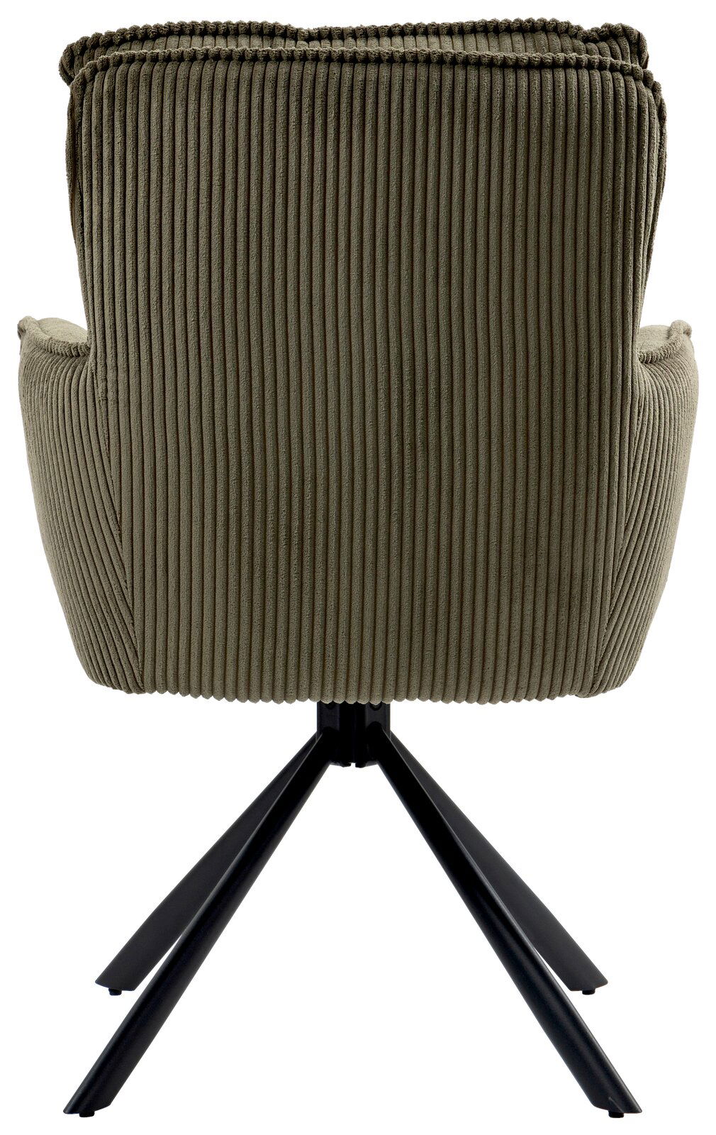Rückansicht eines Sessels mit grünem, geripptem Stoffbezug und schwarzem Metallgestell.